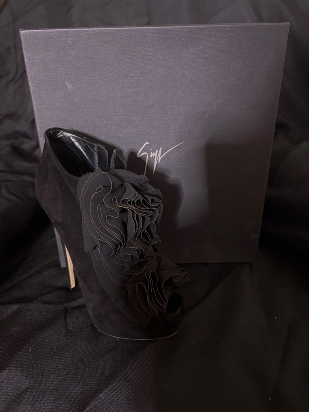 Giuseppe Zanotti Black Ruffle Peep-Toe Bootie